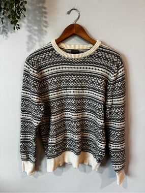 J. Crew Black & Cream Fair Isle Crewneck Sweater Sz M